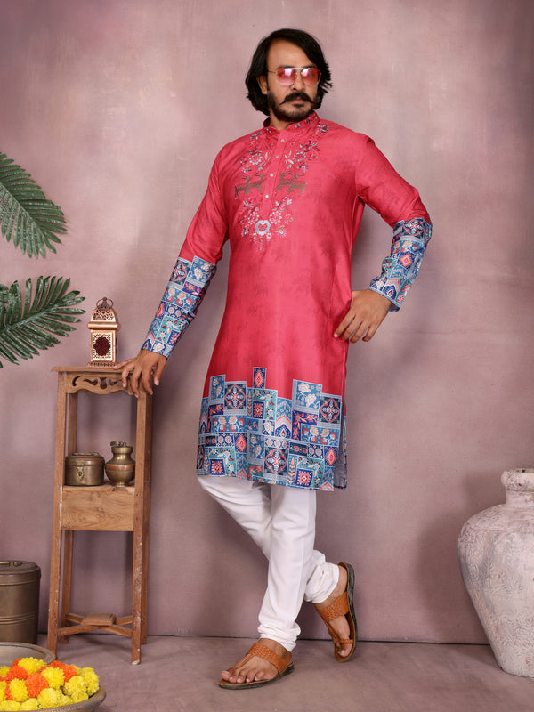 Men’s Heavy Khadi Cotton Printed Kurta with Embroidered Neck & Pyjama