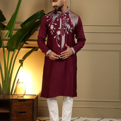Men’s Viscose Silk Embroidered Kurta with Semi Cotton Chudidar