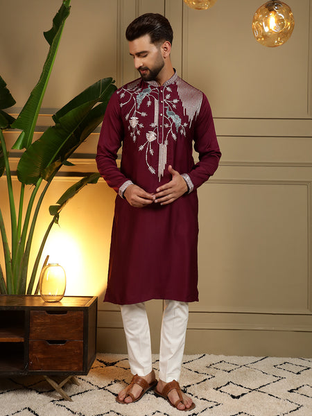 Men’s Viscose Silk Embroidered Kurta with Semi Cotton Chudidar