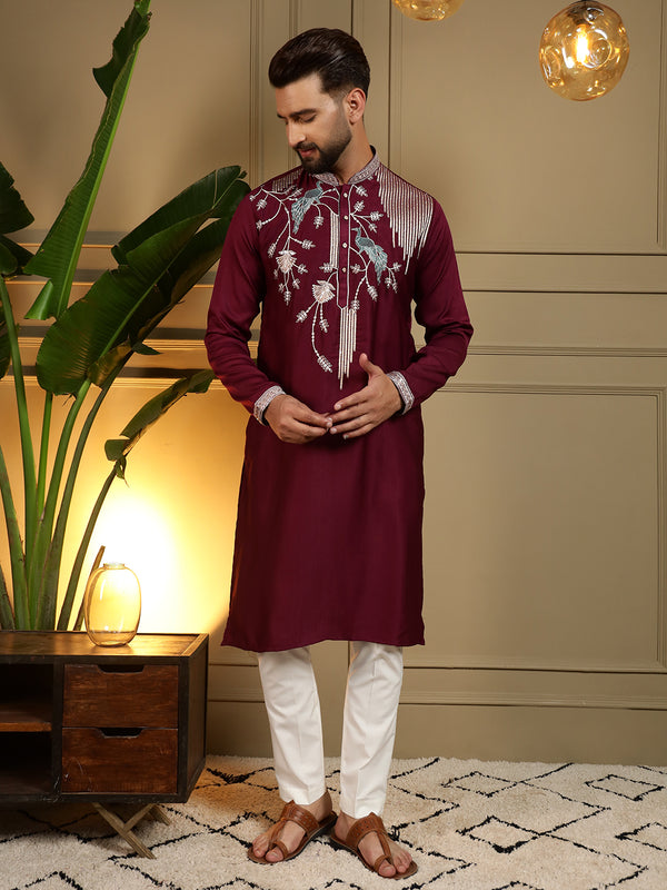 Men’s Viscose Silk Embroidered Kurta with Semi Cotton Chudidar