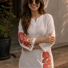 Women’s White Cotton DTF Printed V-Neck Fancy Top