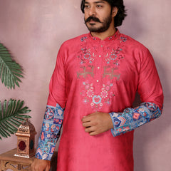 Men’s Heavy Khadi Cotton Printed Kurta with Embroidered Neck & Pyjama