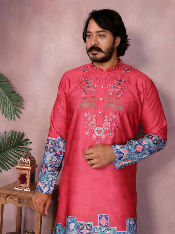 Men’s Heavy Khadi Cotton Printed Kurta with Embroidered Neck & Pyjama