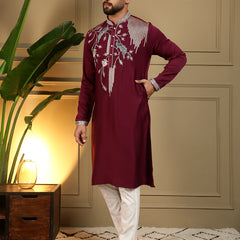 Men’s Viscose Silk Embroidered Kurta with Semi Cotton Chudidar