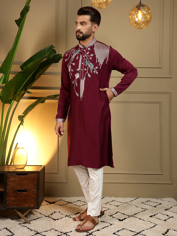 Men’s Viscose Silk Embroidered Kurta with Semi Cotton Chudidar