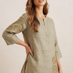 Women’s Olive Green Linen Cotton Embroidered Split V-Neck Top