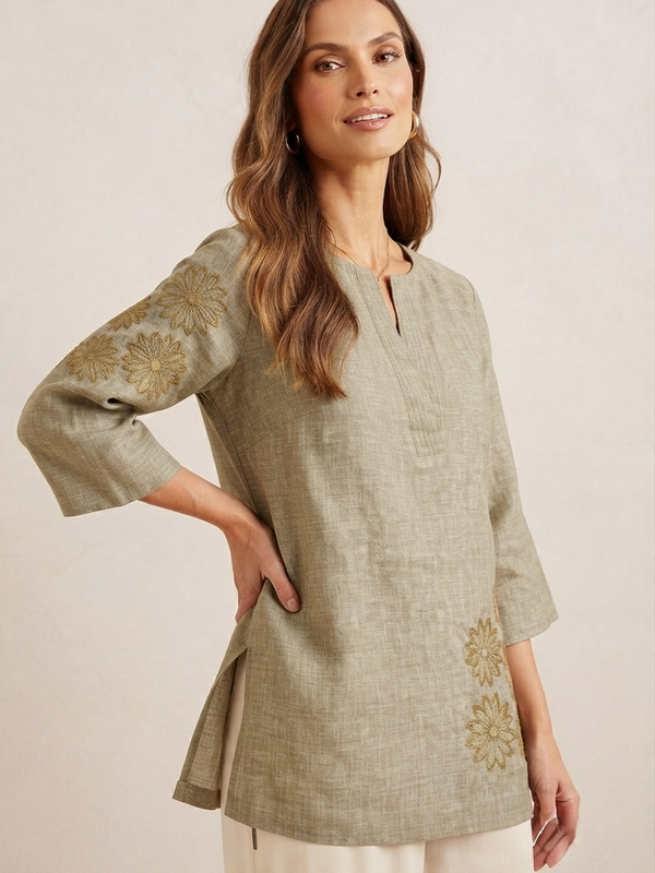Women’s Olive Green Linen Cotton Embroidered Split V-Neck Top