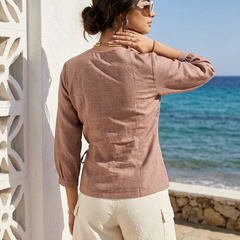 Women’s Dusty Rose Linen Cotton Embroidered V-Neck Top