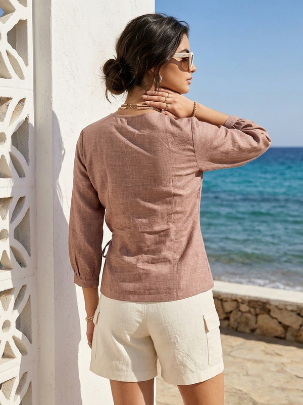 Women’s Dusty Rose Linen Cotton Embroidered V-Neck Top