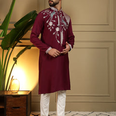 Men’s Viscose Silk Embroidered Kurta with Semi Cotton Chudidar