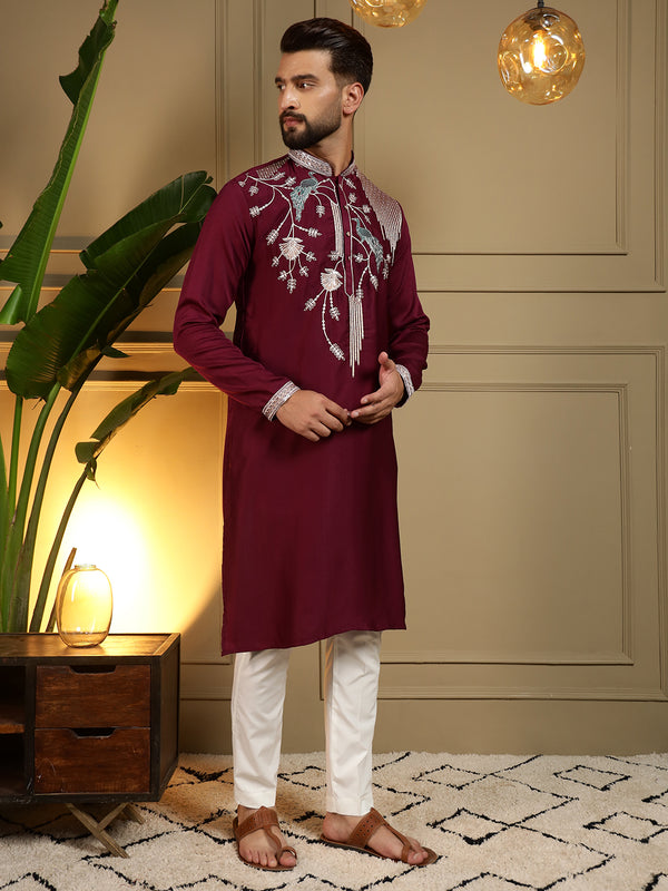 Men’s Viscose Silk Embroidered Kurta with Semi Cotton Chudidar