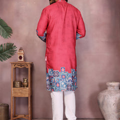 Men’s Heavy Khadi Cotton Printed Kurta with Embroidered Neck & Pyjama