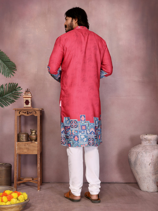 Men’s Heavy Khadi Cotton Printed Kurta with Embroidered Neck & Pyjama