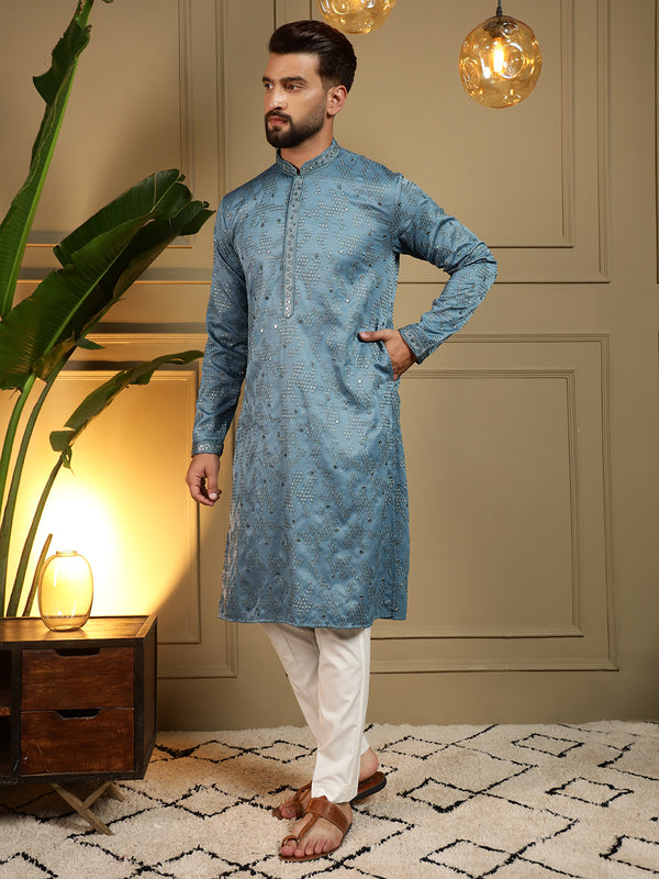 Men’s Heavy Khadi Cotton Mirror Work Kurta with Semi Cotton Chudidar
