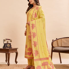 Women's Pure Cotton Jacquard Kurta With Pant & Cotton Dupatta Set