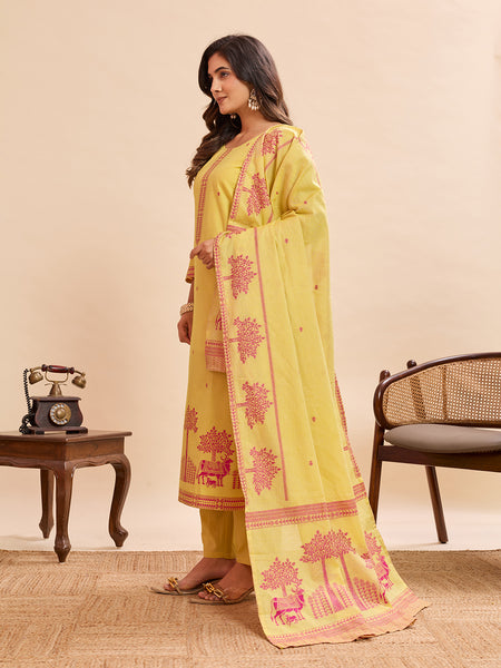 Women's Pure Cotton Jacquard Kurta With Pant & Cotton Dupatta Set