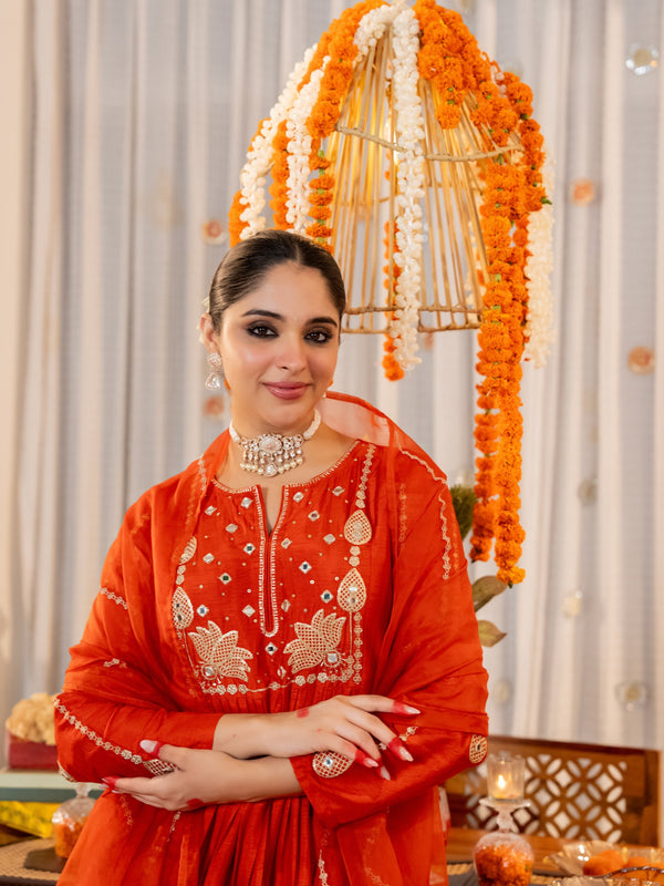 Women’s Chanderi Silk Embroidered Kurta with Chanderi Silk Bottom & Embroidered Chanderi Dupatta Set