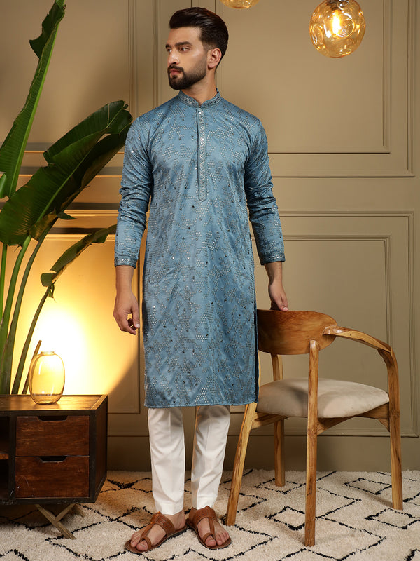 Men’s Heavy Khadi Cotton Mirror Work Kurta with Semi Cotton Chudidar