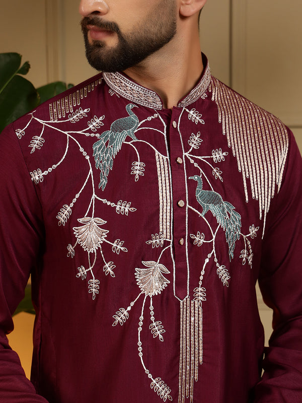 Men’s Viscose Silk Embroidered Kurta with Semi Cotton Chudidar