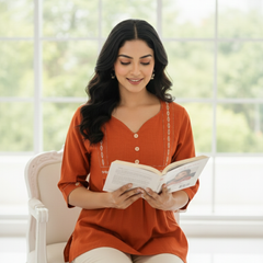 Women’s Rust Orange Embroidered Soft Cotton Fancy Top