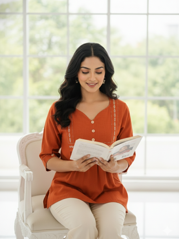 Women’s Rust Orange Embroidered Soft Cotton Fancy Top