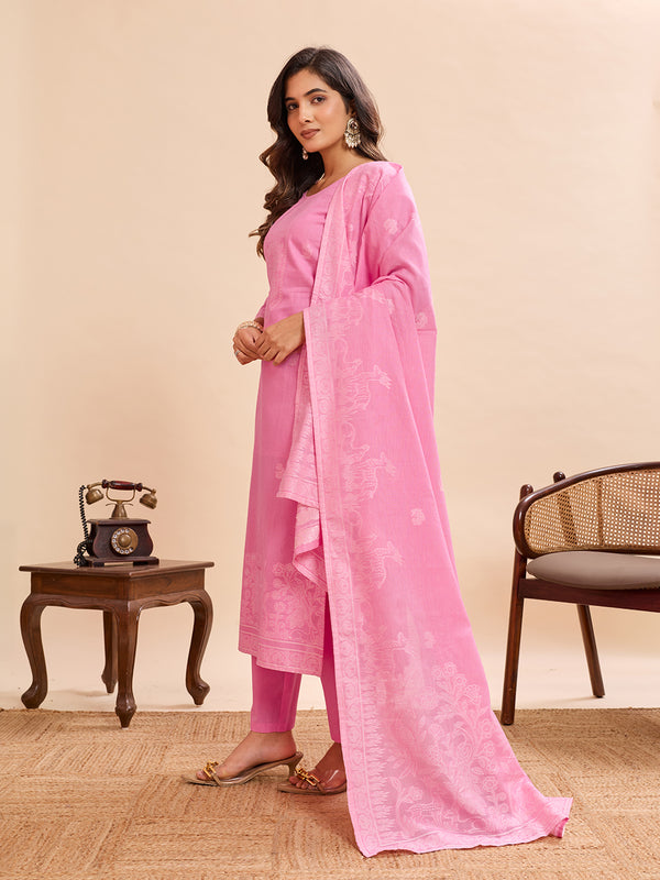 Women's Pure Cotton Jacquard Kurta With Pant & Cotton Dupatta Set
