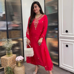 Women’s Red Kurti with Embroidered Organza Dupatta