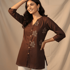 Women’s Brown Cotton Embroidered Short Tunic Top