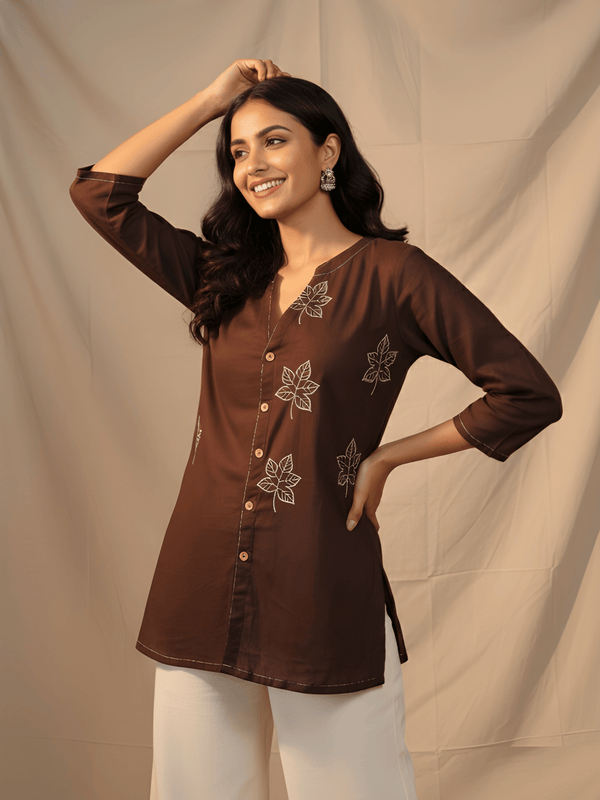 Women’s Brown Cotton Embroidered Short Tunic Top