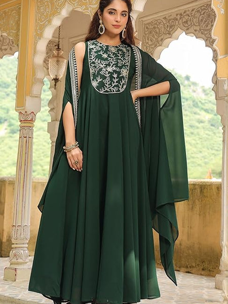 Women’s Georgette Anarkali Maxi Dress with Embroidered Cape