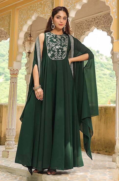Women’s Georgette Anarkali Maxi Dress with Embroidered Cape
