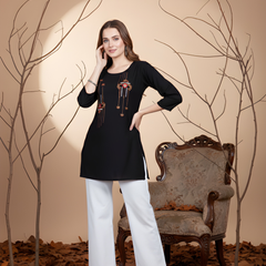 Black Casual Rayon Handwork Tunic Top for Women