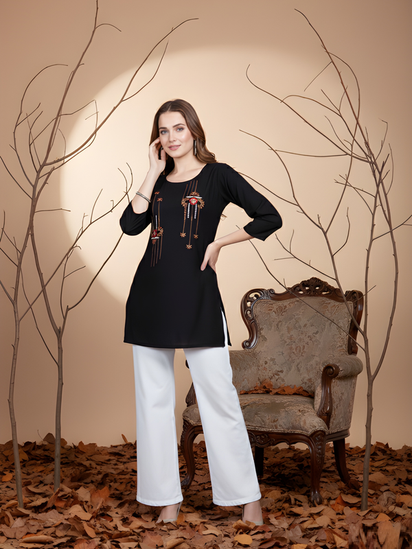 Black Casual Rayon Handwork Tunic Top for Women