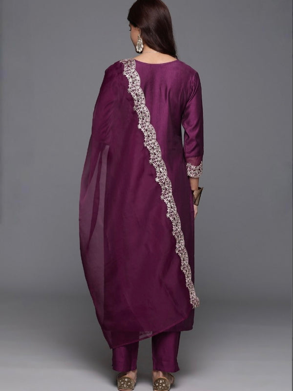 Women’s Chanderi Embroidered Kurta with Stitched Bottom & Organza Dupatta Set