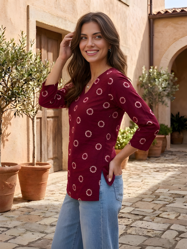 Women’s Maroon Cotton Printed Straight Tunic