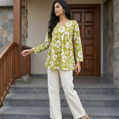 Women’s White-Parrot Cotton Printed Flared Kurti
