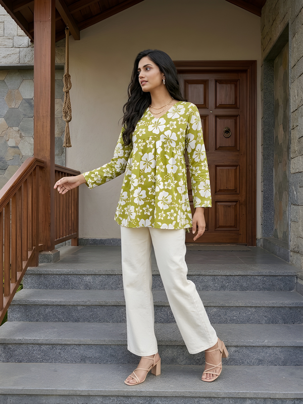 Women’s White-Parrot Cotton Printed Flared Kurti