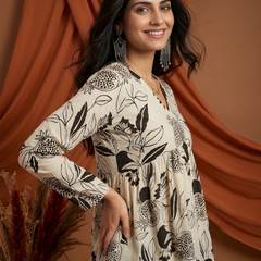 Women’s White-Black Cotton Printed Flared Kurti