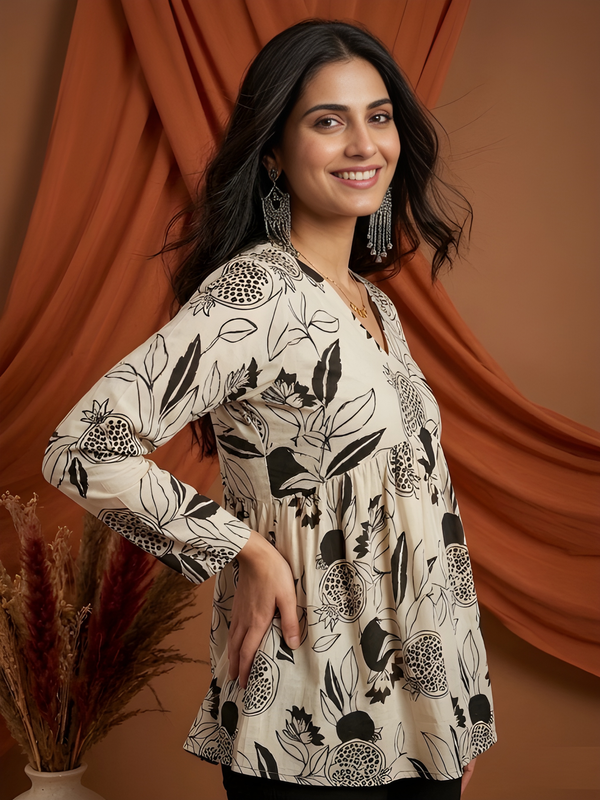 Women’s White-Black Cotton Printed Flared Kurti