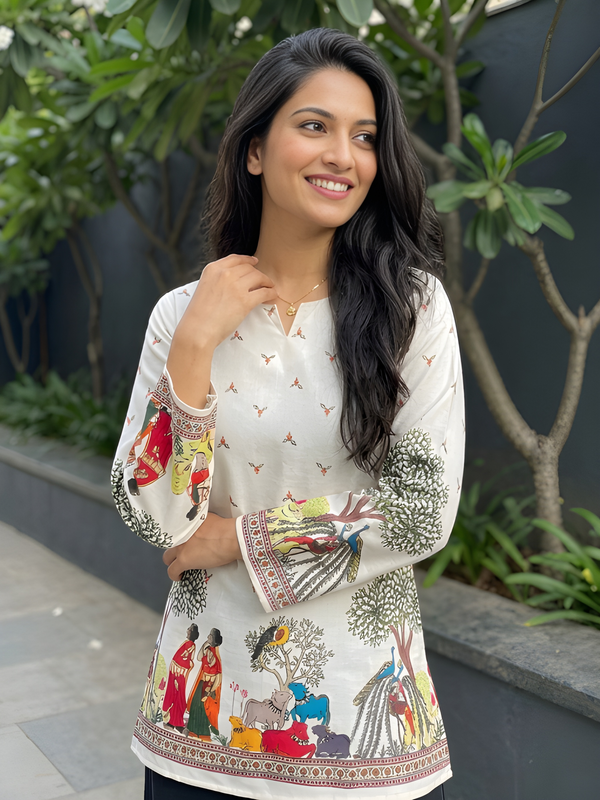 Women’s Cream Cotton Kalamkari Print TunicWomen’s Cream Cotton Kalamkari Print Tunic