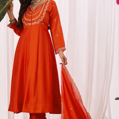Vichitra Silk Embroidered Kurta Pant with Dupatta Set