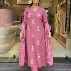 Women's Cotton Embroidered Kurta Pant & Printed Dupatta Set