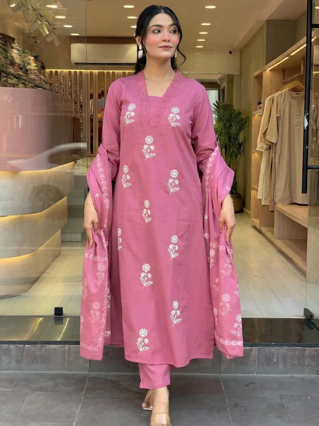 Women's Cotton Embroidered Kurta Pant & Printed Dupatta Set