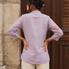 Women’s Lavender Linen Cotton Embroidered Split V-Neck Top