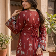 Women’s Maroon Cotton Kalamkari Bell Sleeve Tunic