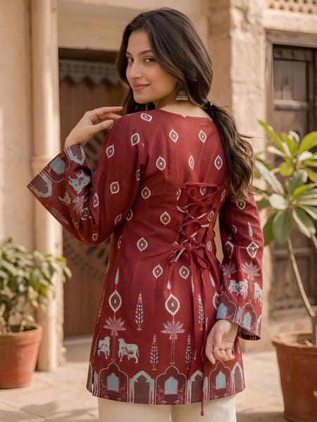 Women’s Maroon Cotton Kalamkari Bell Sleeve Tunic
