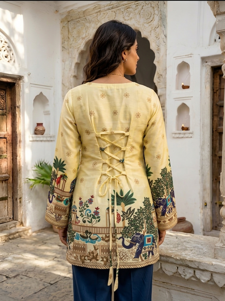 Women’s Off-White Cotton Kalamkari Tunic with Yellow Shine