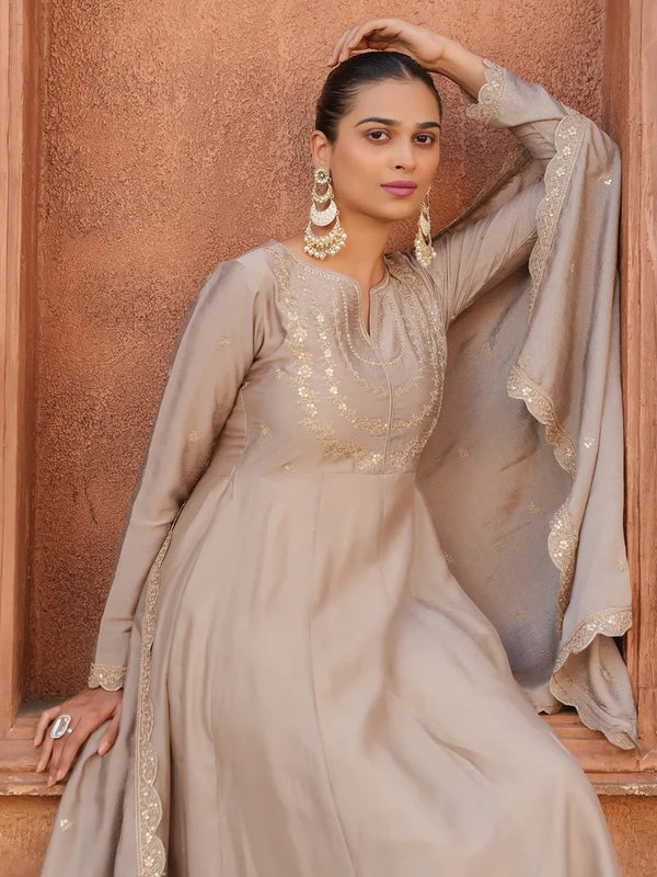 Women's Vichitra Silk Embroidered Kurta Palazzo & Dupatta Set