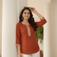 Women’s Rust Orange Roman Silk Embroidered Fancy Top
