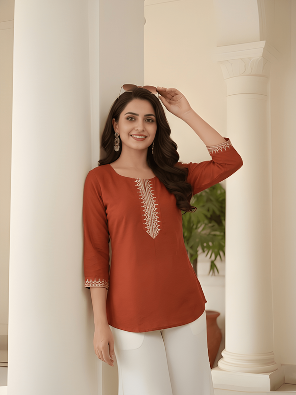 Women’s Rust Orange Roman Silk Embroidered Fancy Top